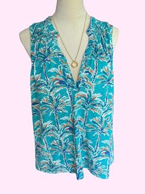 Caribbean Joe Turquoise Palm Tree Sleeveless V-Neck Blouse Tropical Top XL